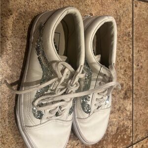 Vans Women's White Sneakers with Silver Sequin Sides